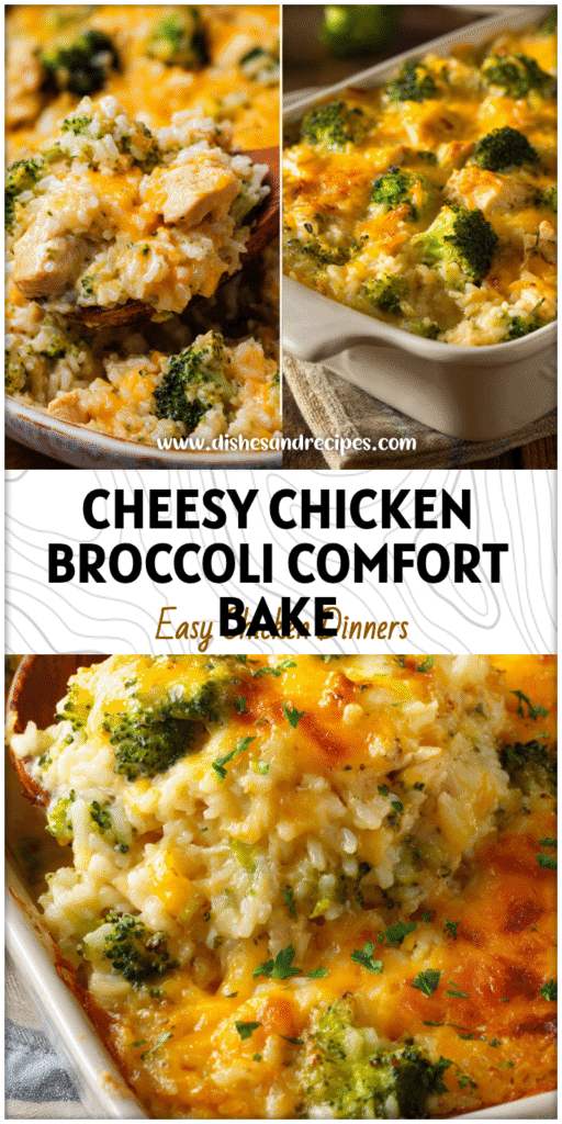 Golden baked cheesy chicken broccoli rice casserole with melted cheese topping in a family dinner dish